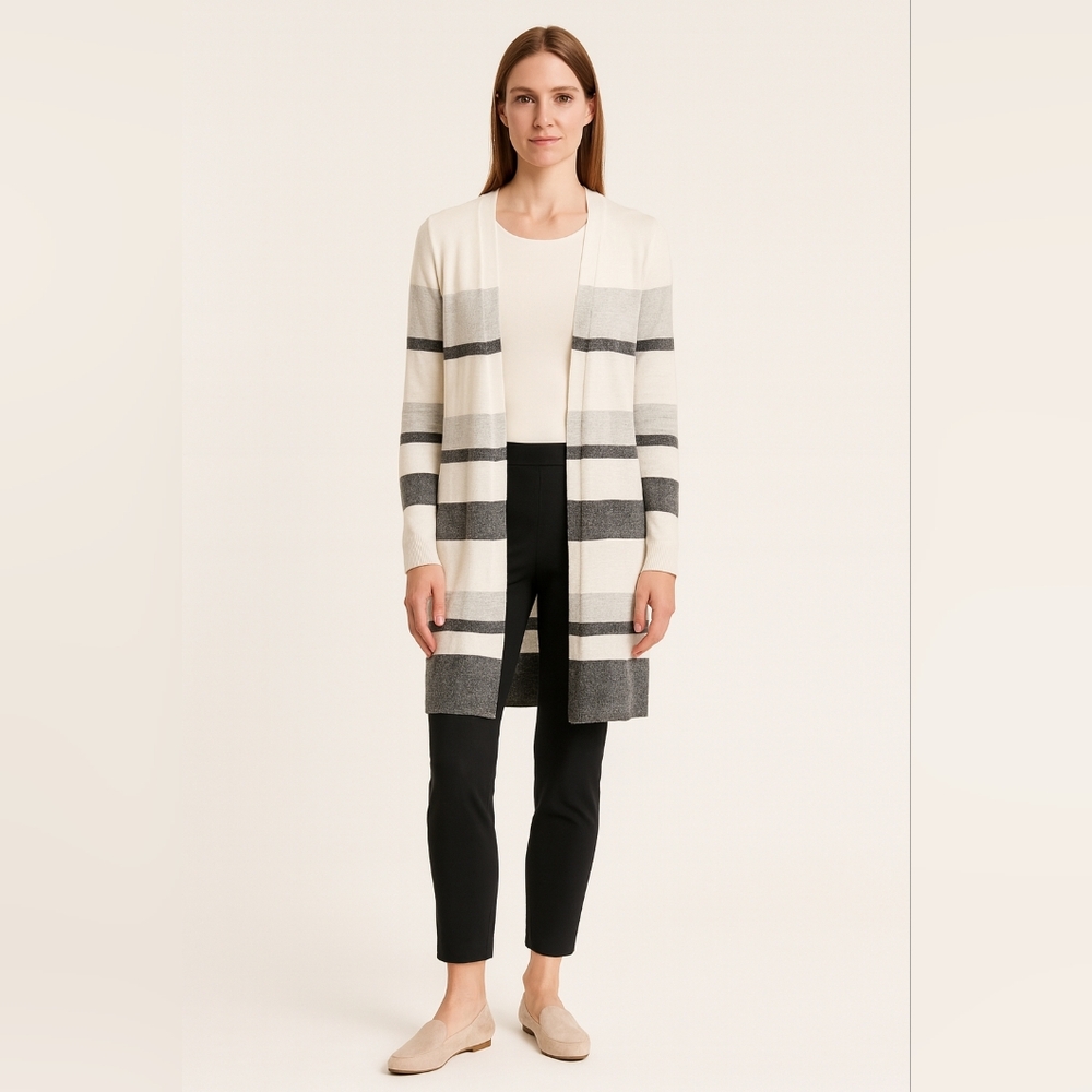 LOFT Cardigan XS Cream Gray Striped Longline Open Front Wool Minimalist Neutral